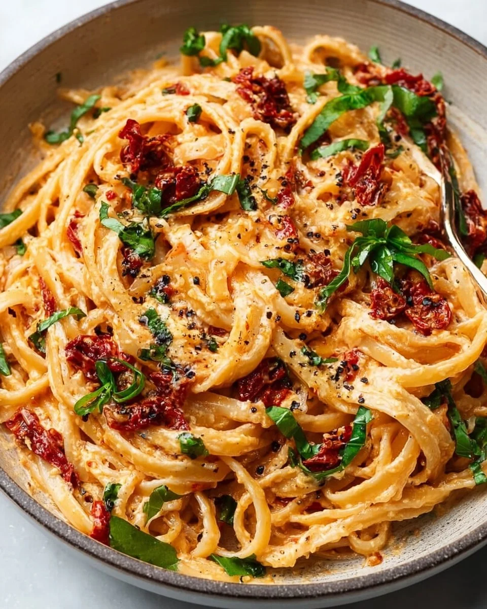 Creamy vegan sun-dried tomato pasta dish served in a bowl