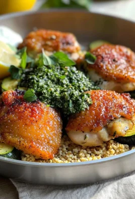 Crispy chicken served with blistered zucchini and herby green sauce.