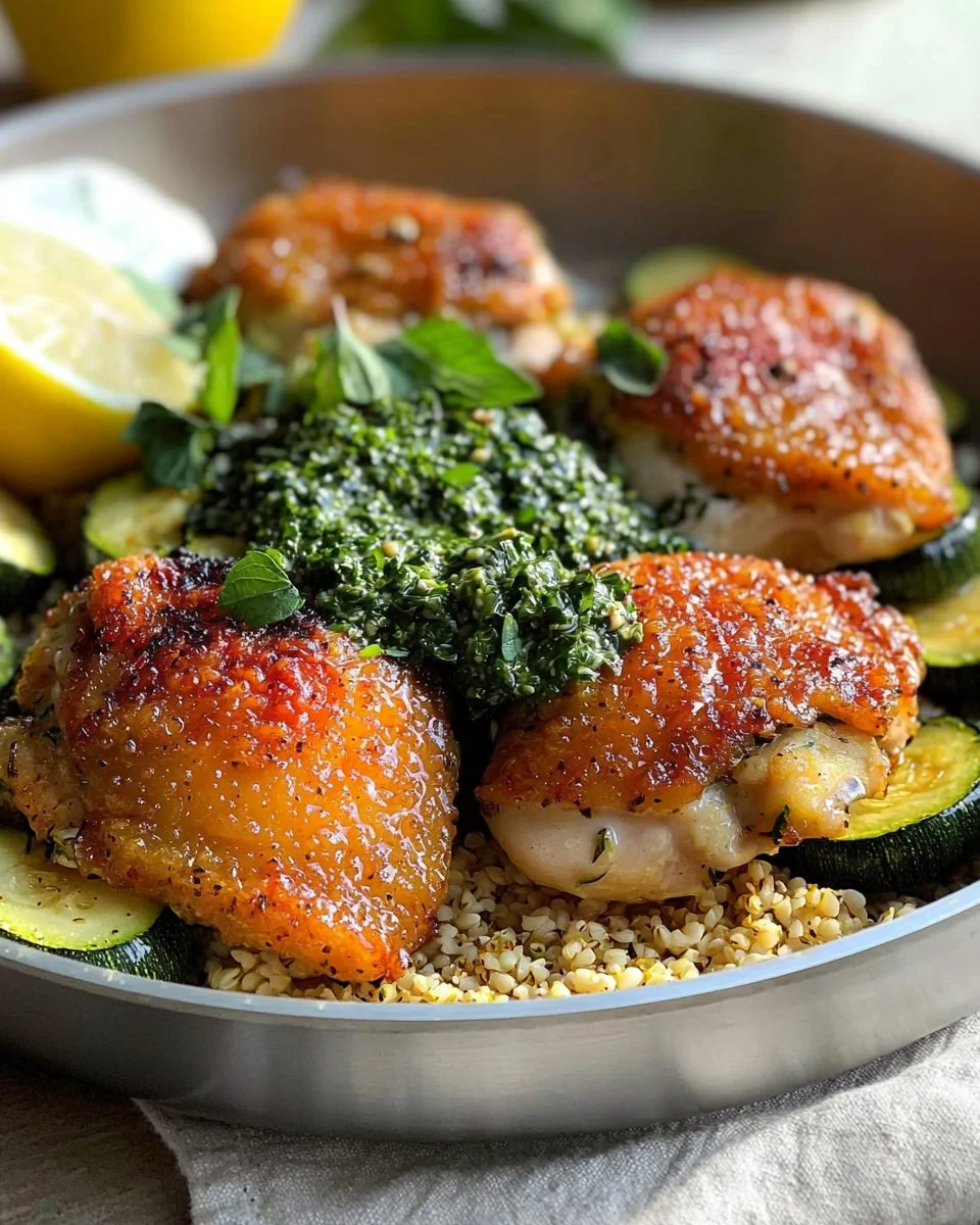 Crispy chicken served with blistered zucchini and herby green sauce.
