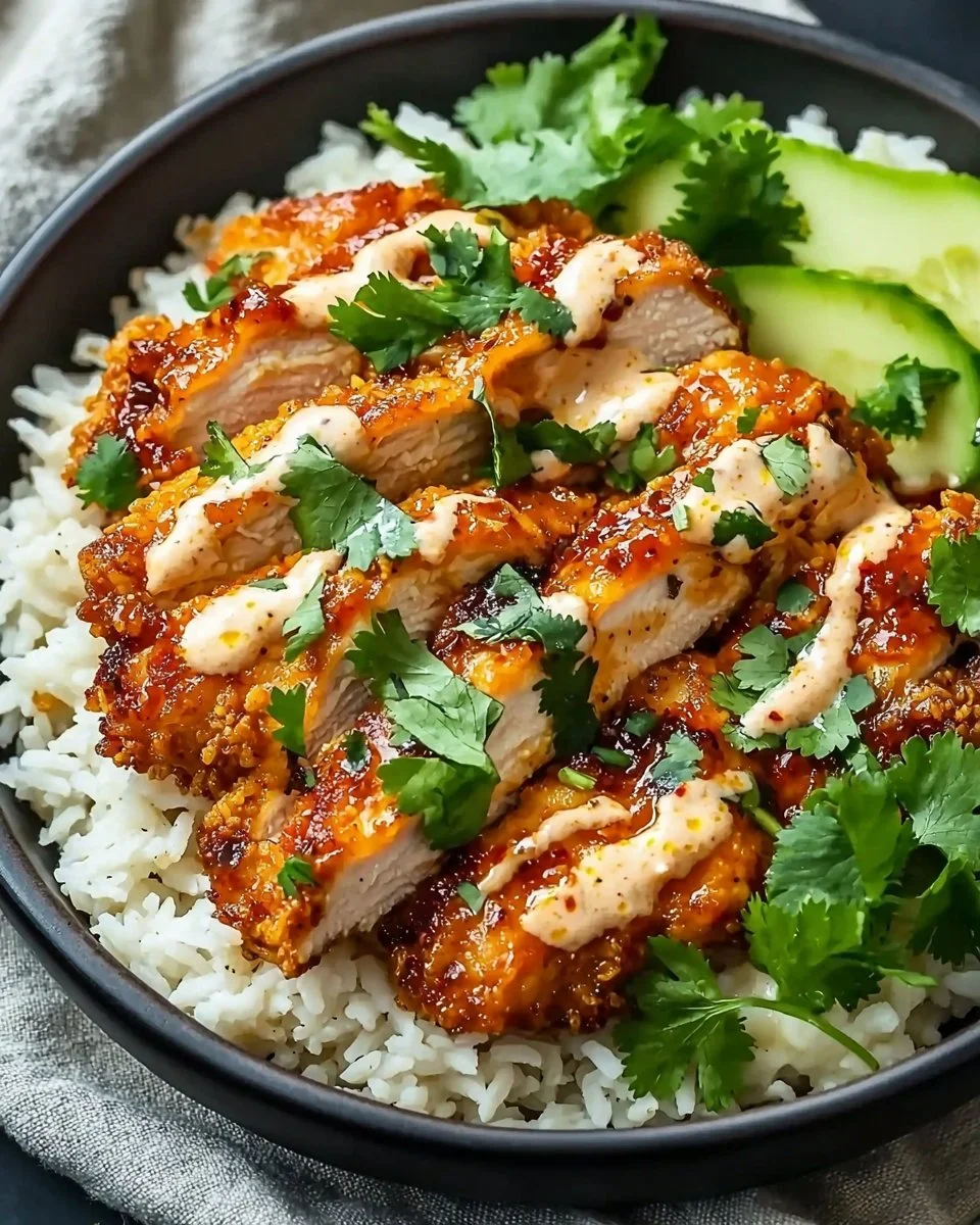 Crispy chicken topped with creamy spicy sauce garnished with herbs.