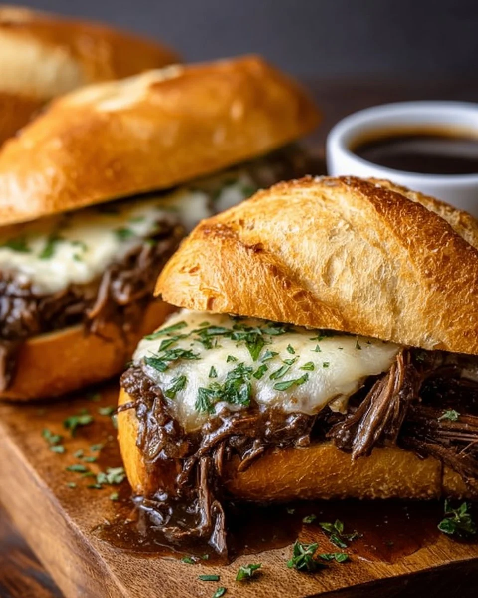 Crockpot French dip sandwiches served with au jus for dipping