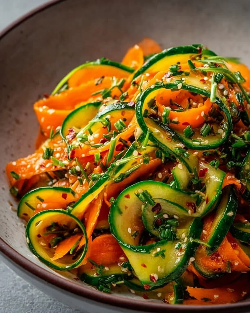 Fresh cucumber carrot salad topped with herbs, served in a bowl