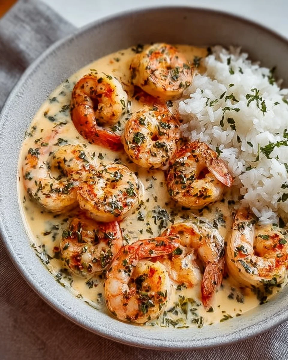 Delicious creamy garlic shrimp served over pasta in a bowl