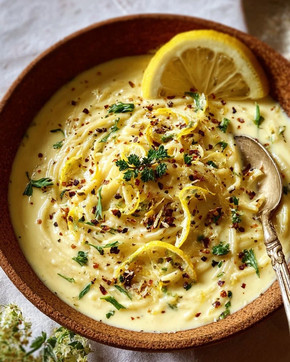 Creamy lemon garlic dish served in a bowl, garnished with herbs.