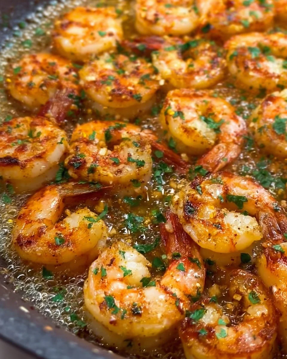 Delicious garlic butter shrimp served on a plate with herbs and lemon.