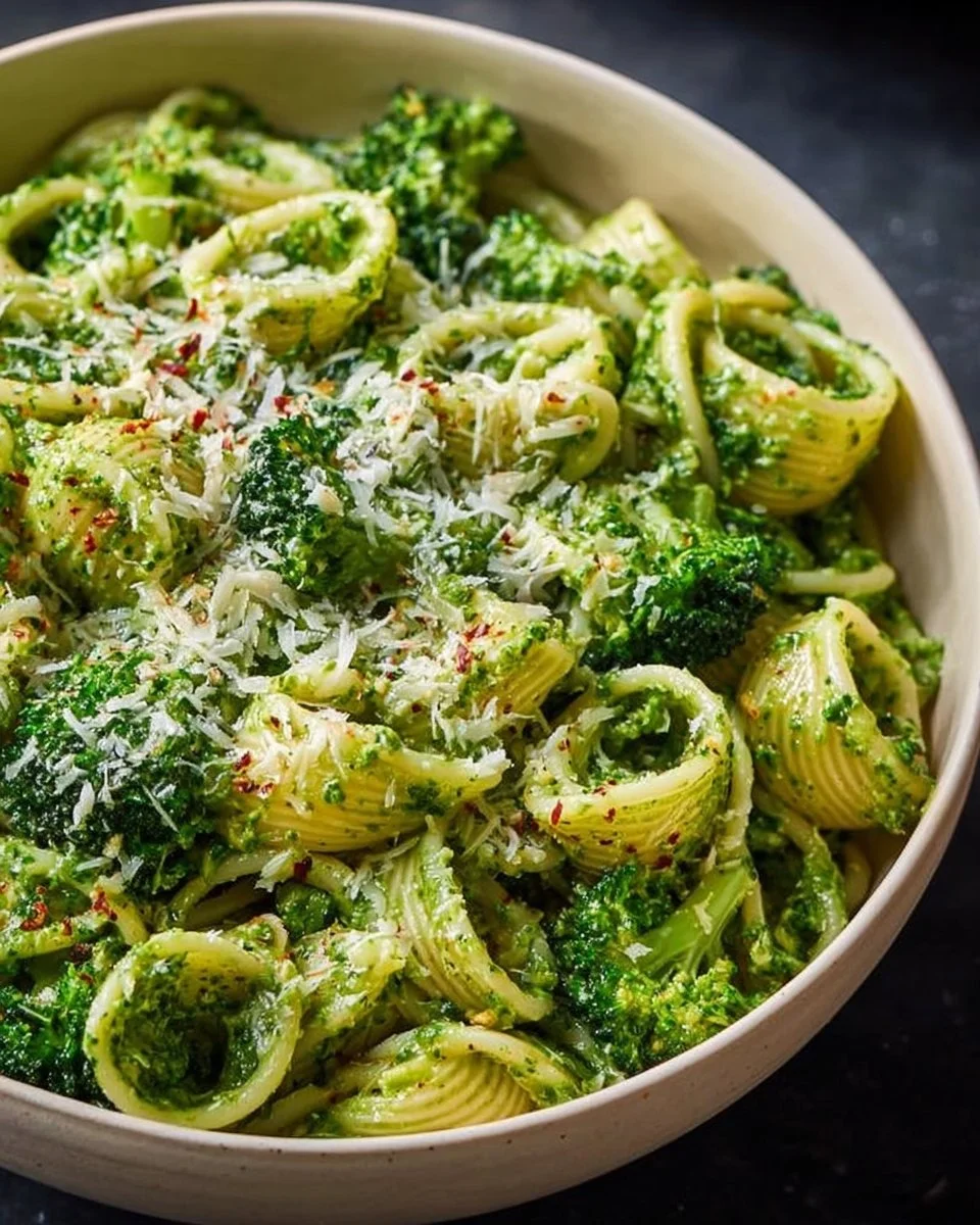 A delicious bowl of easy healthy broccoli pasta topped with parmesan.