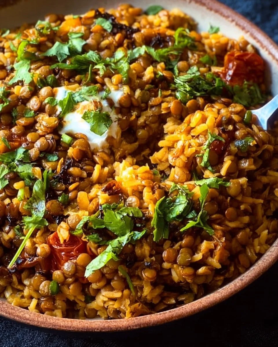 A colorful bowl of Mediterranean Lentils and Rice garnished with herbs.