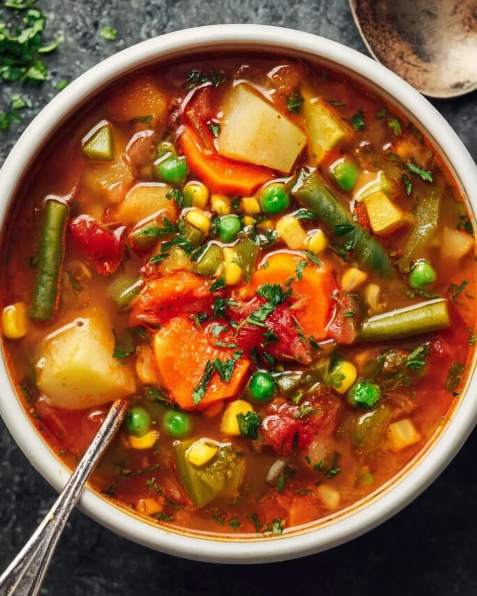 Bowl of easy vegetable soup with fresh ingredients and vibrant colors