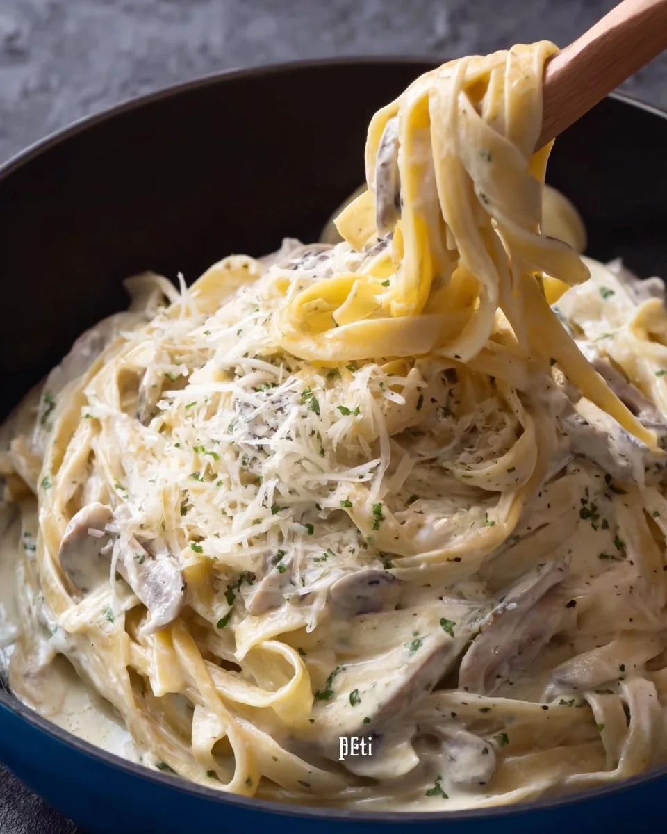 Delicious creamy Fettuccine Alfredo served in a bowl, garnished with parsley.
