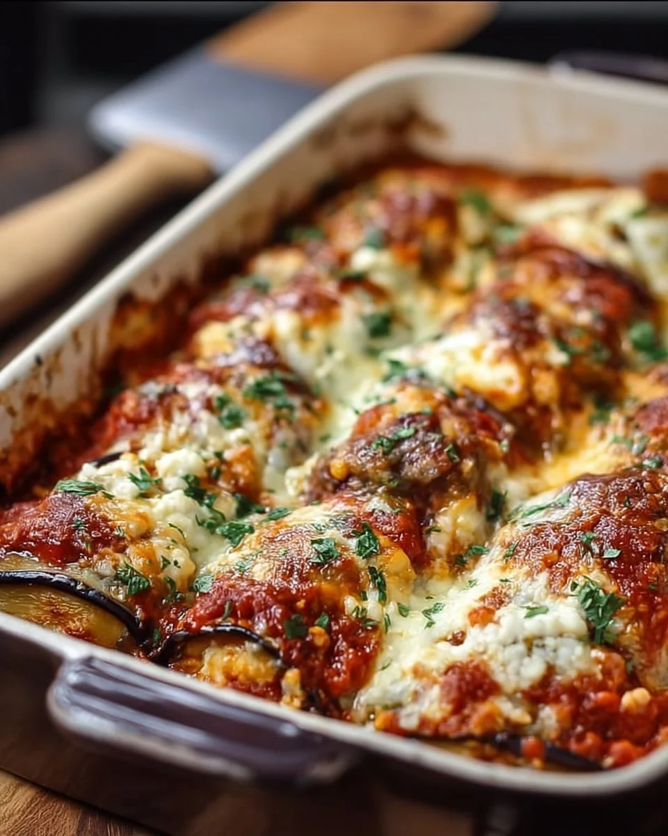 Fluffy eggplant rollatini bake topped with marinara and melted cheese.