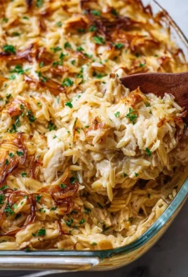 Delicious French onion chicken orzo casserole in a baking dish
