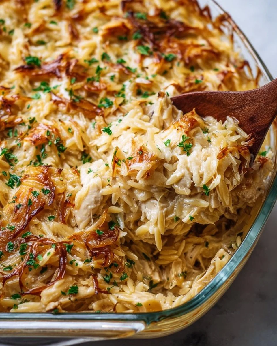 Delicious French onion chicken orzo casserole in a baking dish