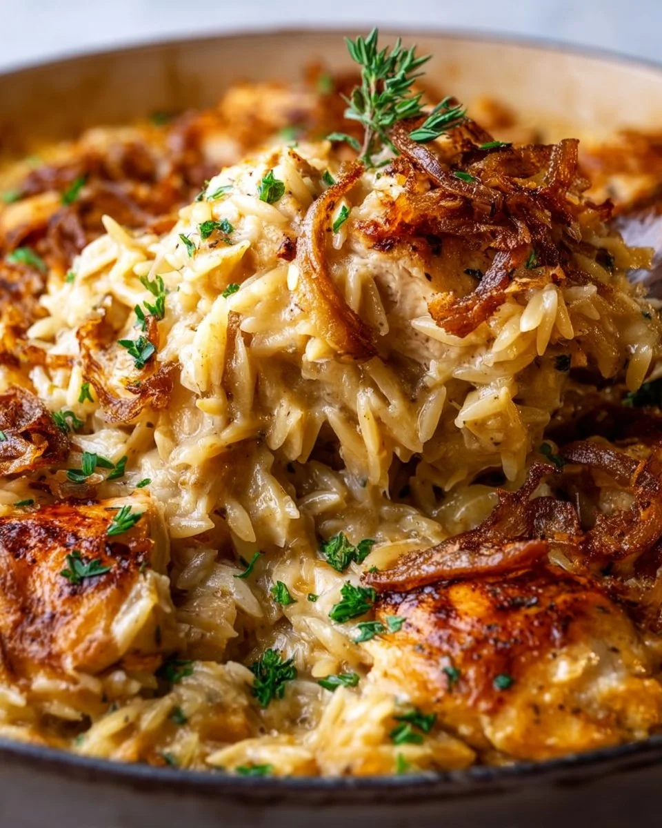 French Onion Chicken Orzo Casserole