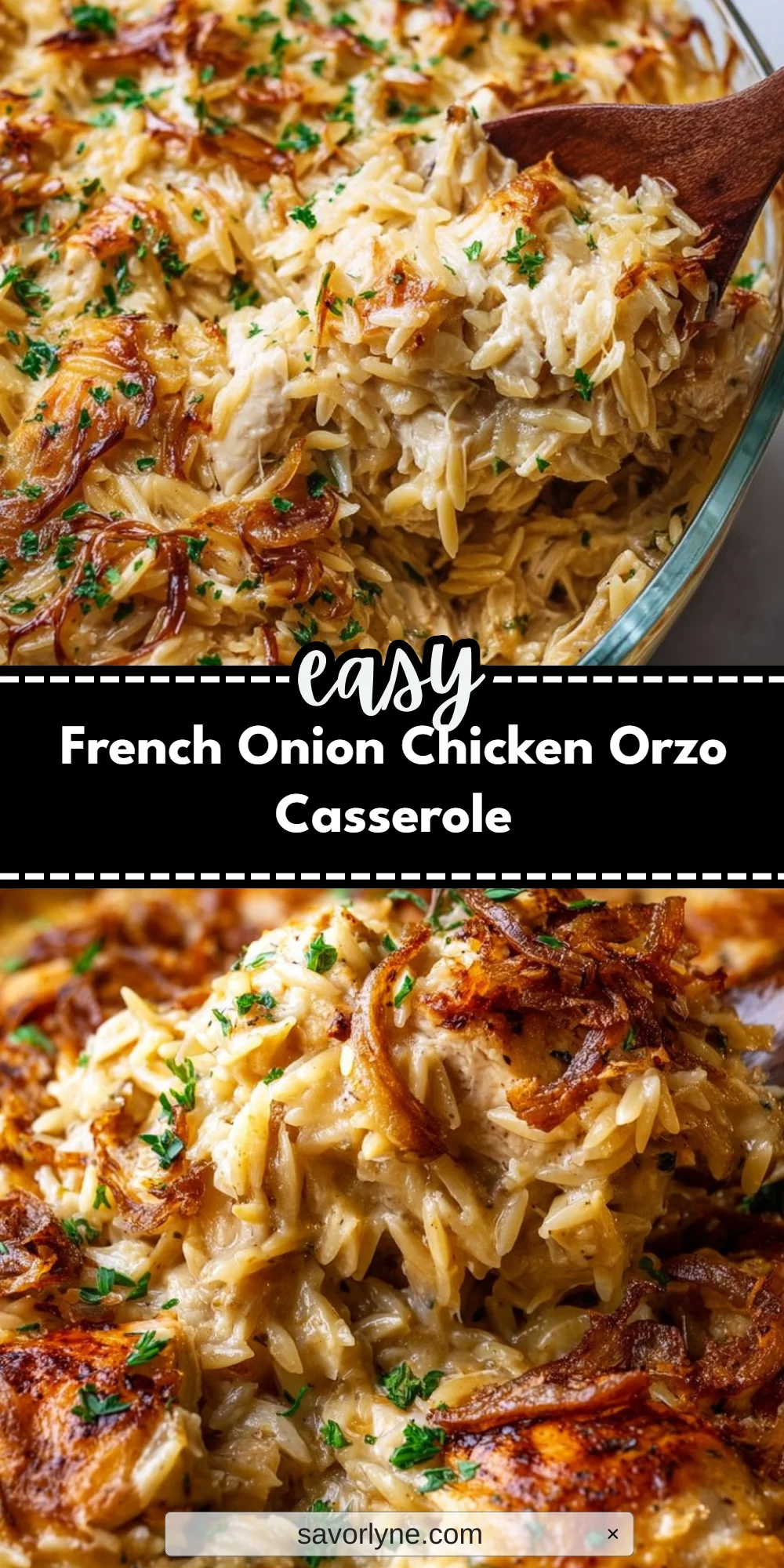 French Onion Chicken Orzo Casserole