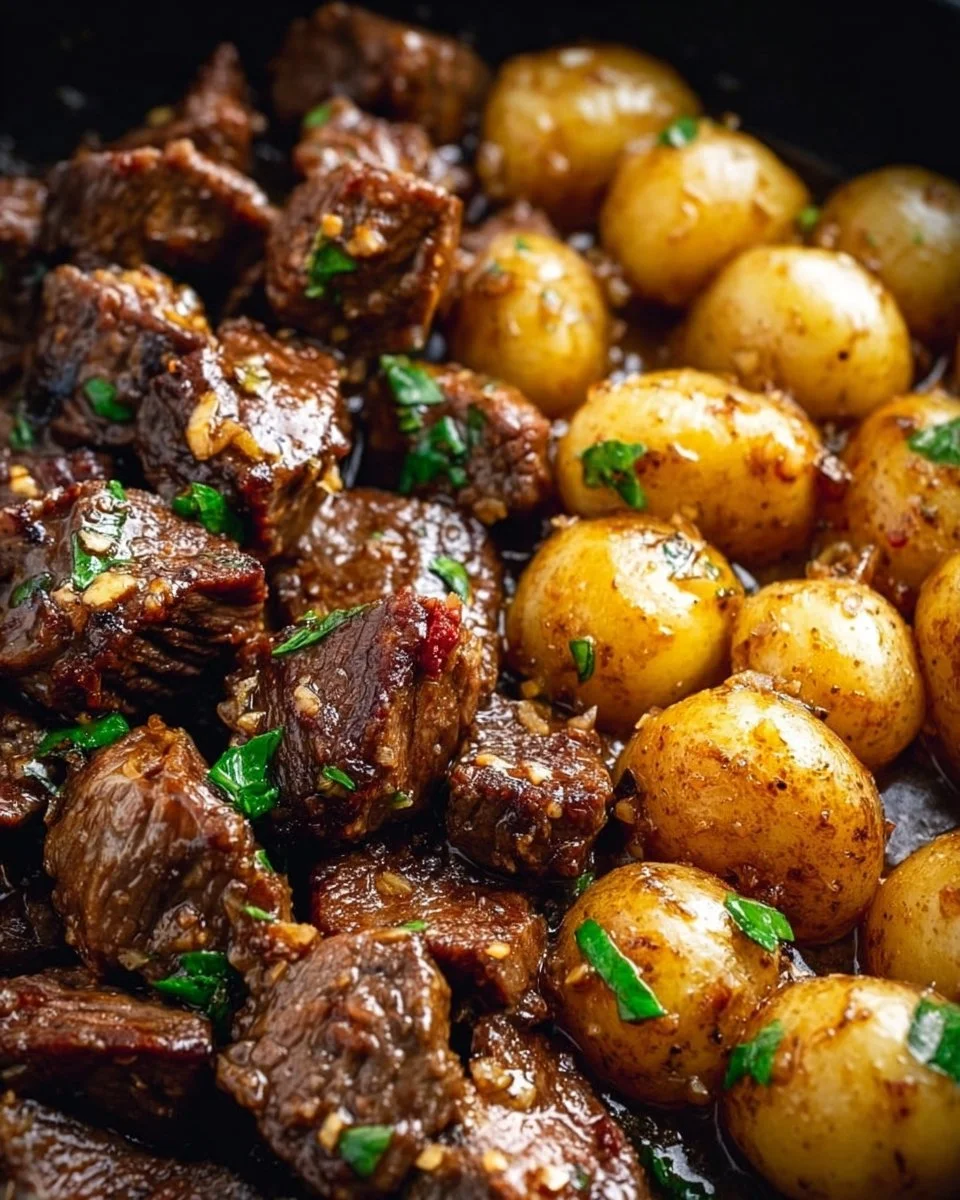 Plate of garlic butter beef bites served with roasted potatoes