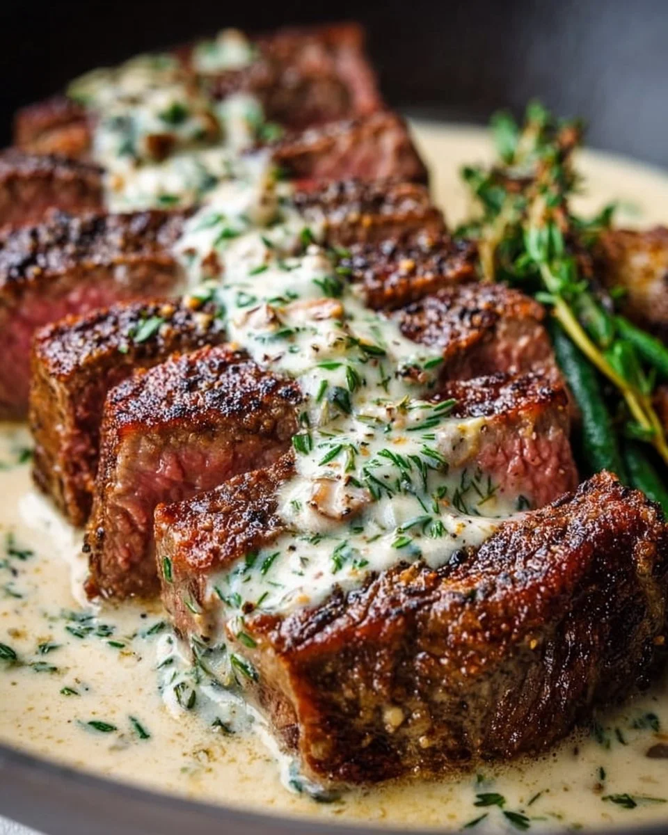 Garlic butter steak served with creamy Parmesan sauce on a plate