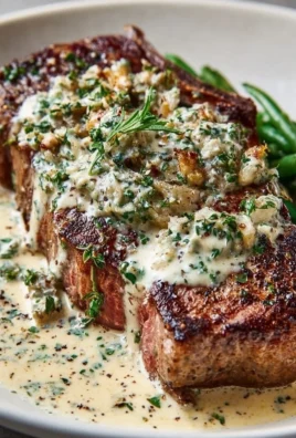 Juicy garlic butter steak topped with rich parmesan cream sauce on a plate.