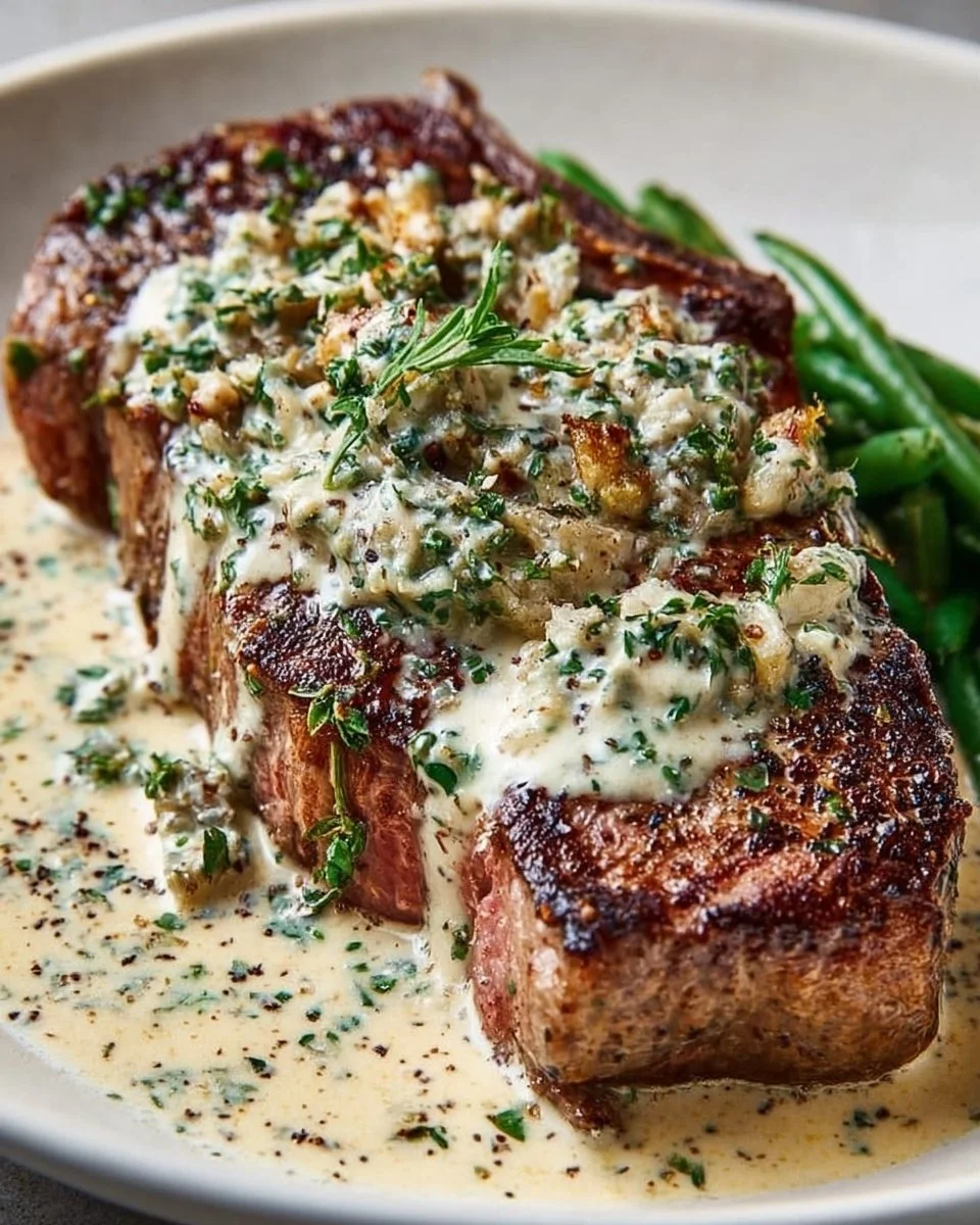 Juicy garlic butter steak topped with rich parmesan cream sauce on a plate.