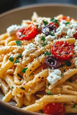 Plate of Greek pasta with feta cheese and fresh herbs