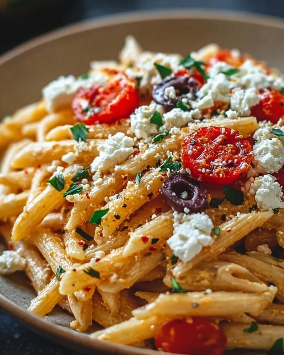 Plate of Greek pasta with feta cheese and fresh herbs