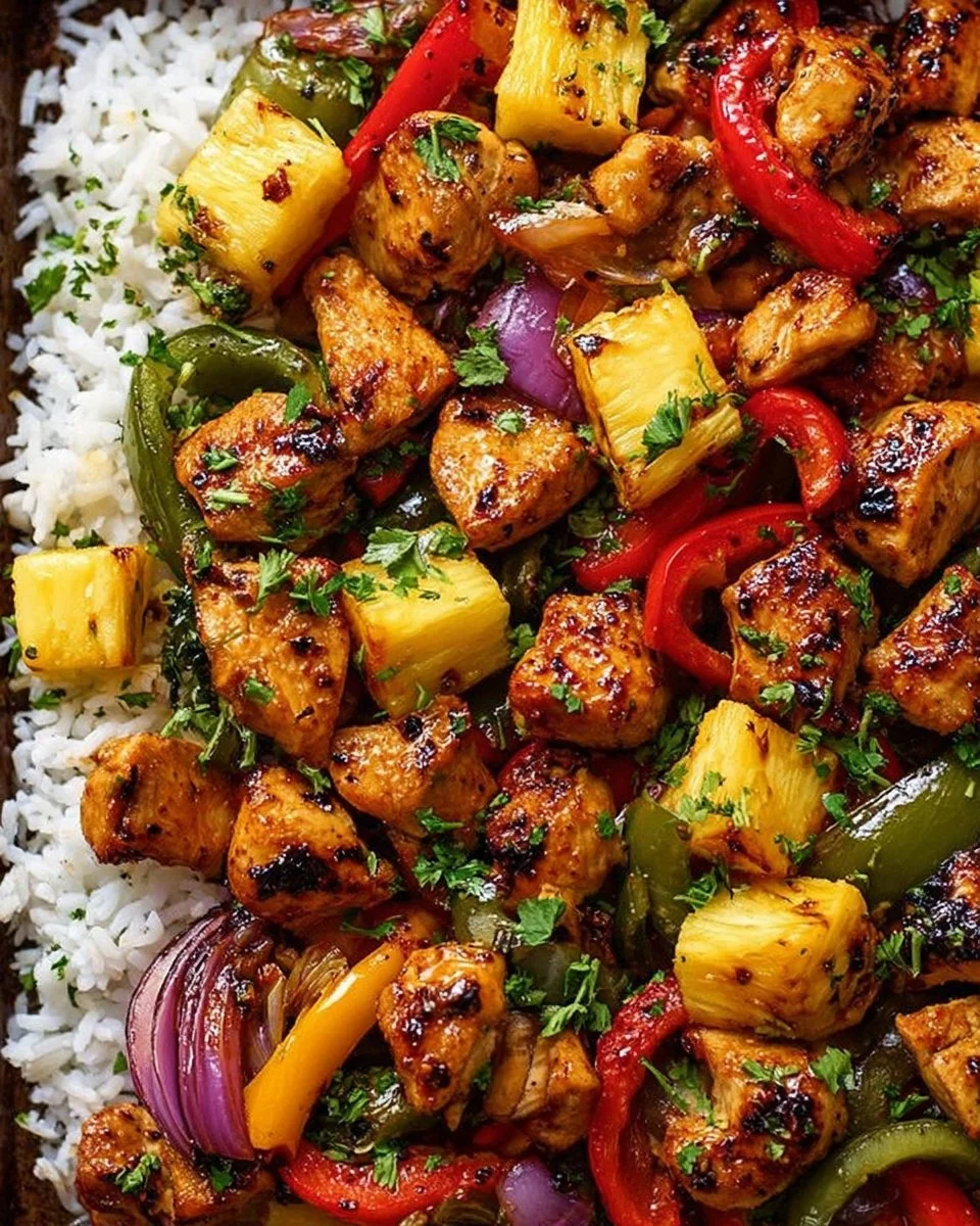 Delicious Hawaiian Chicken Sheet Pan ready to serve with vibrant vegetables