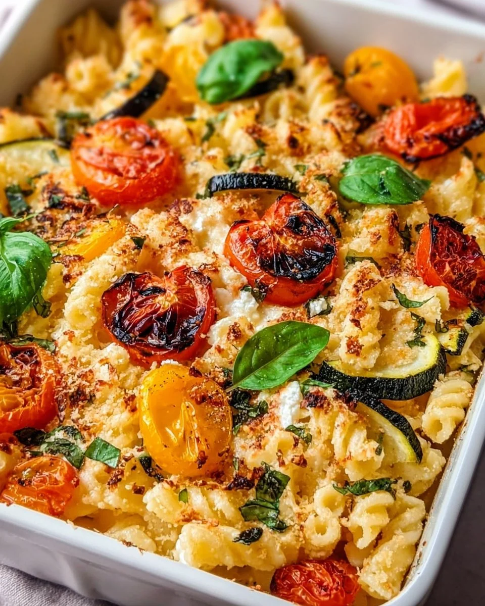 Healthy baked feta pasta with fresh vegetables served in a colorful dish.
