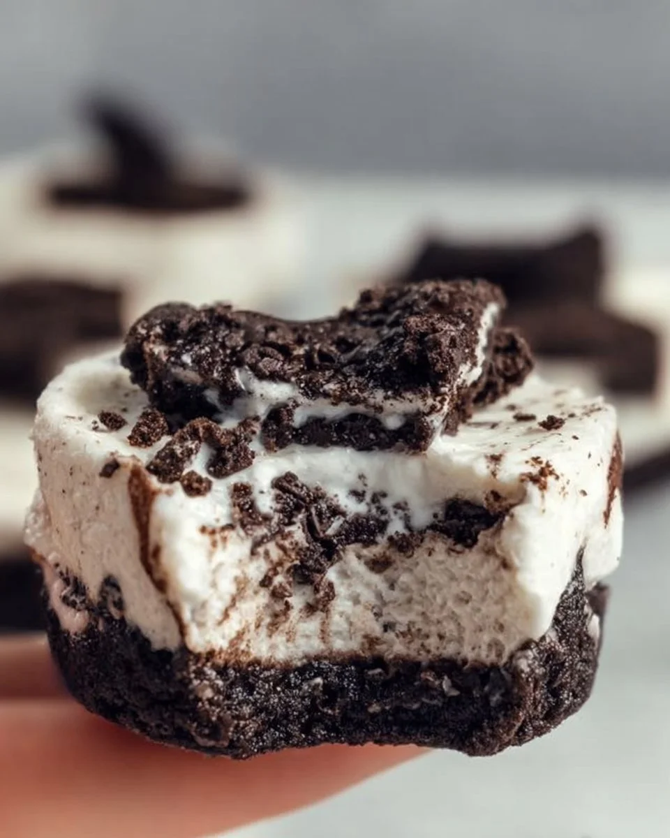 Healthy no-bake Oreo cheesecake bites topped with crushed Oreos.