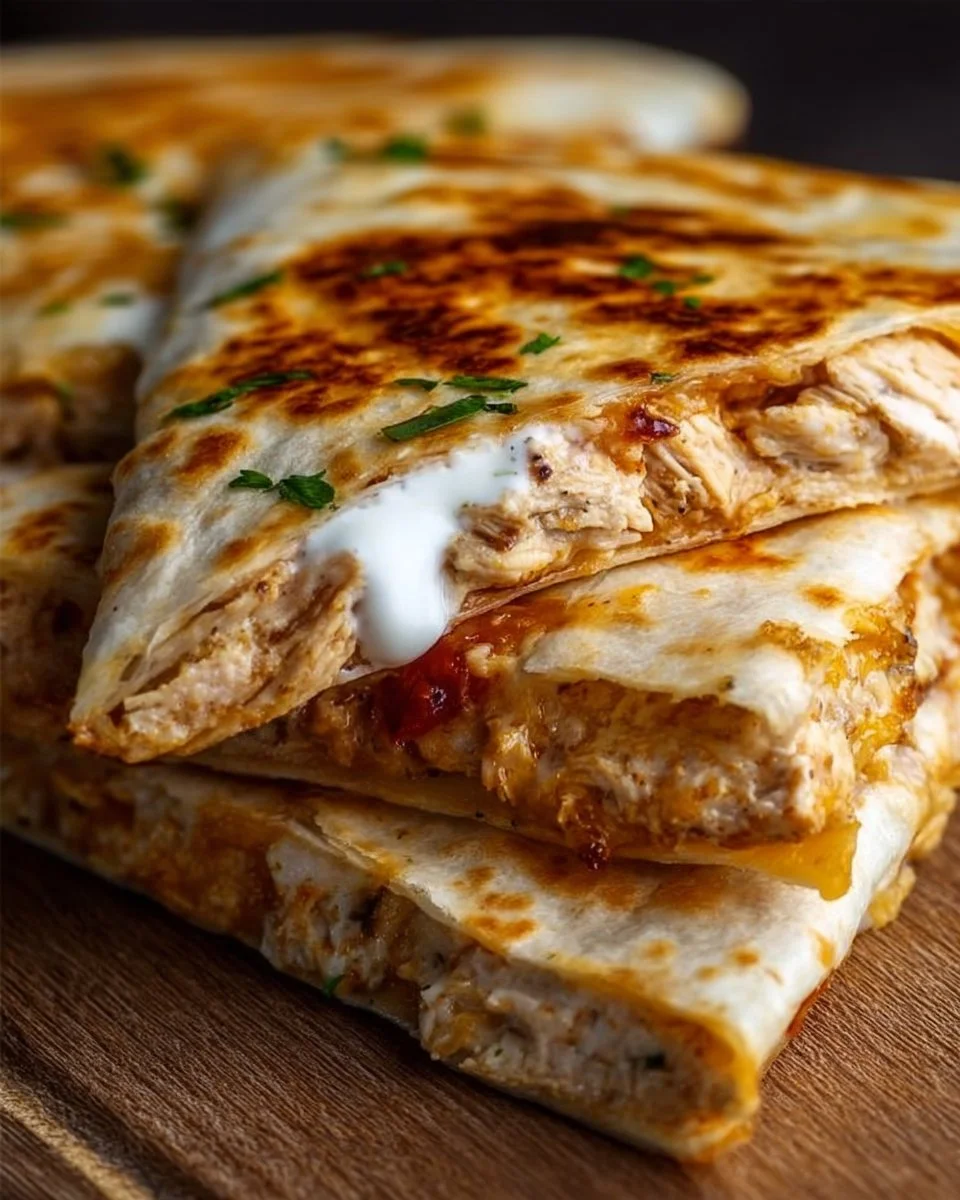 High-protein chicken ranch quesadilla served with toppings