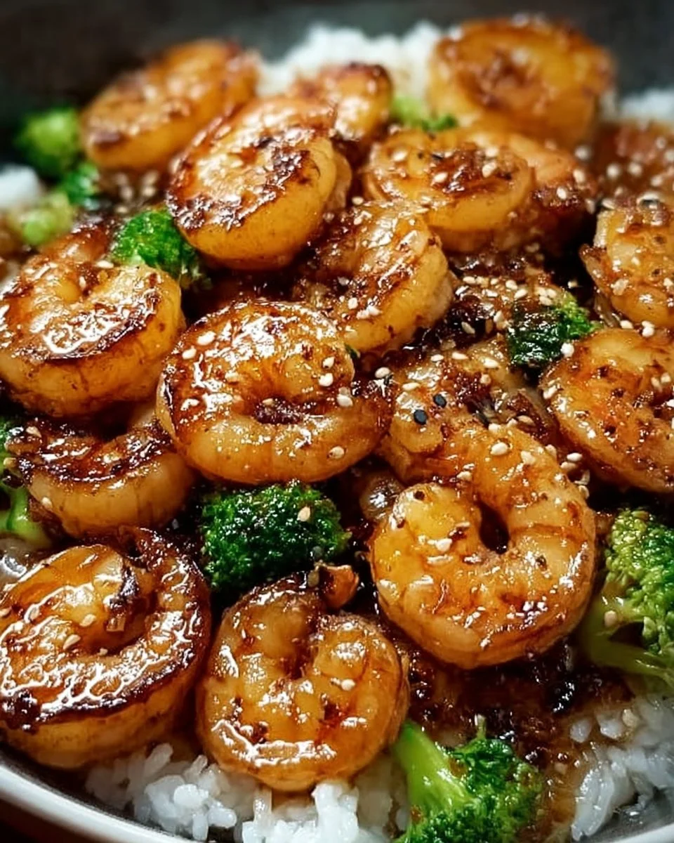 Delicious high-protein honey garlic shrimp served on a plate with garnish.