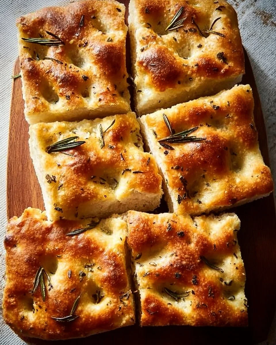 Freshly baked homemade focaccia bread topped with herbs and olive oil