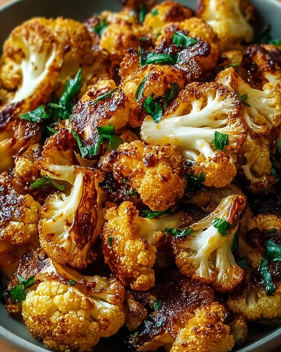 Honey Curry Roasted Cauliflower dish garnished with herbs and spices