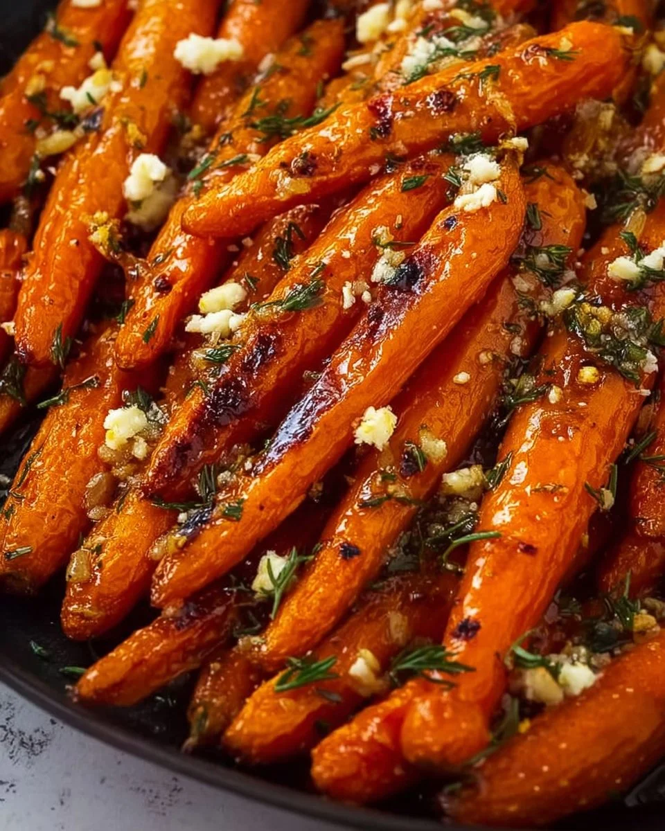 Honey garlic roasted carrots garnished with herbs on a serving dish.