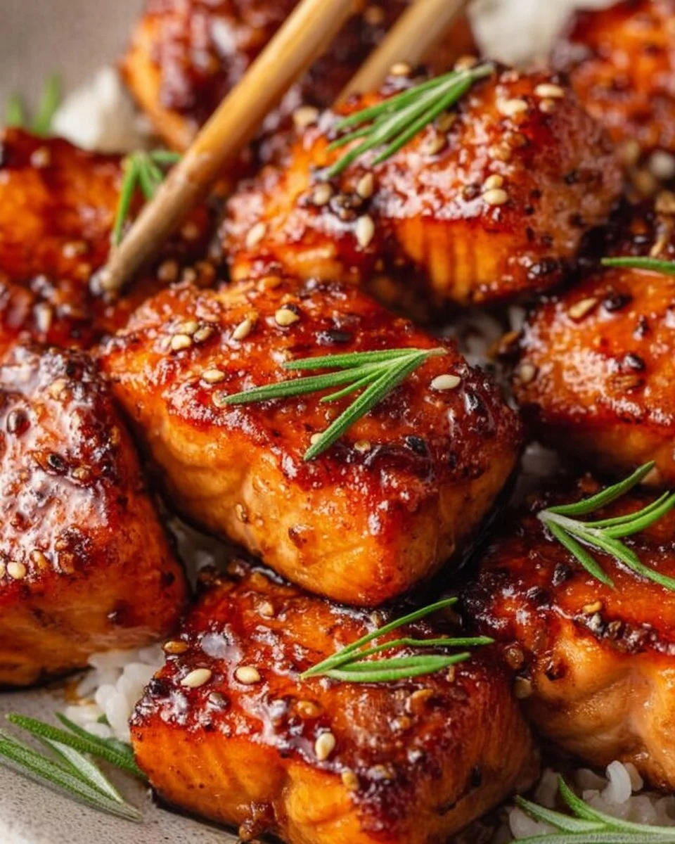 Delicious Honey Garlic Salmon Bites served on a plate garnished with herbs