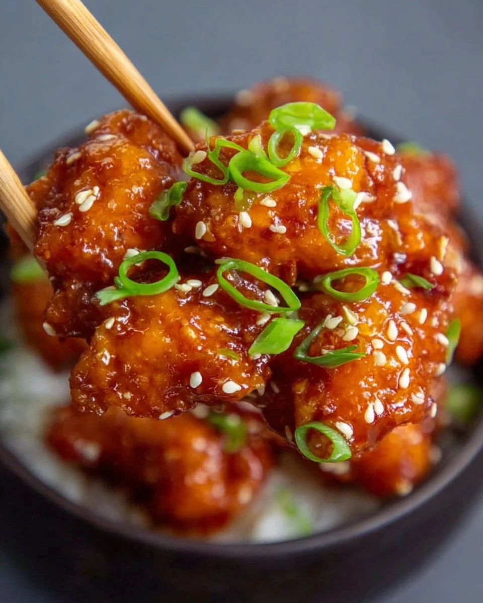 Delicious Honey Sesame Chicken served with sesame seeds and vegetables