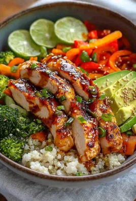 Hot Honey Chicken Bowl with rice and veggies, a sweet and spicy dinner recipe