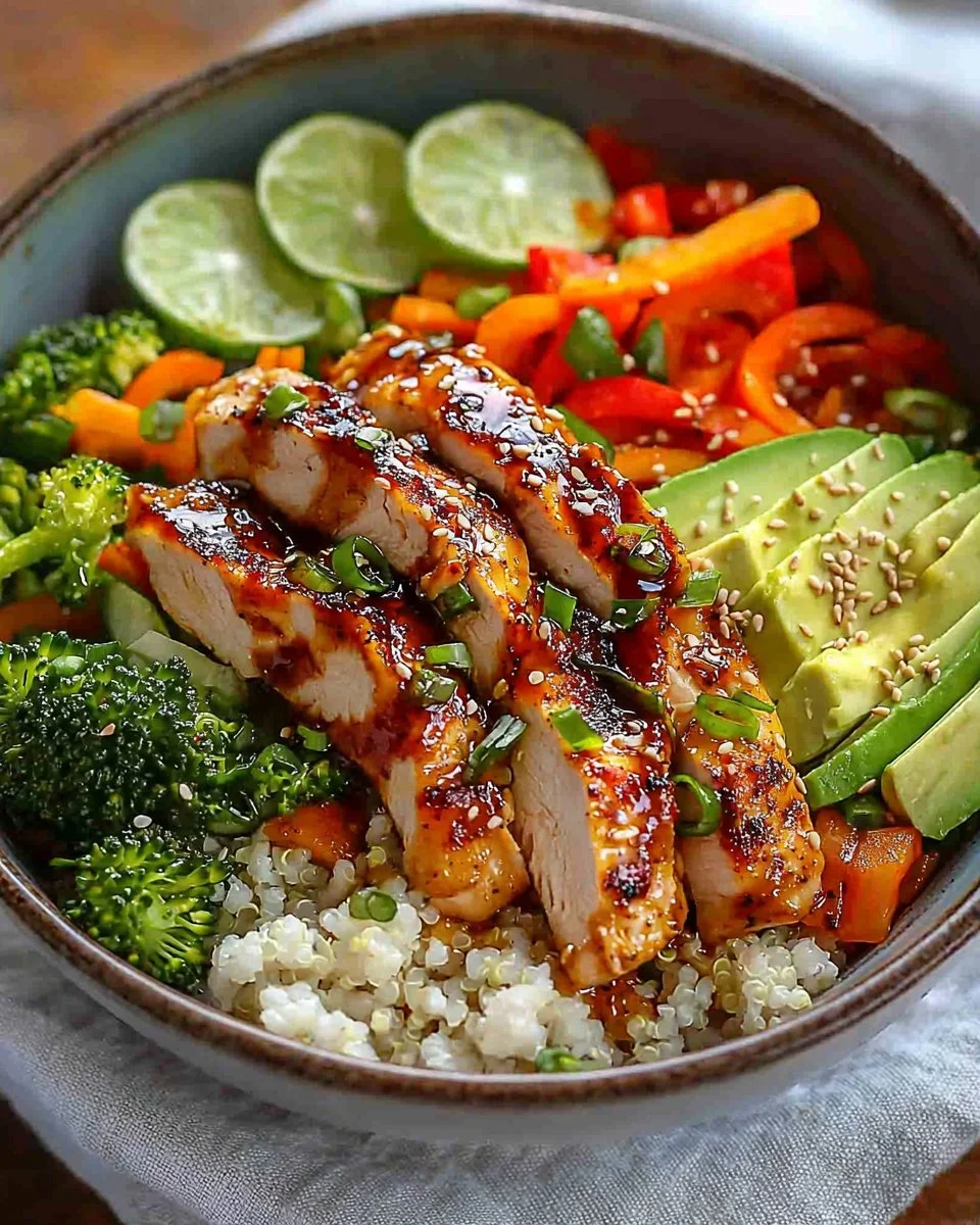Hot Honey Chicken Bowl with rice and veggies, a sweet and spicy dinner recipe