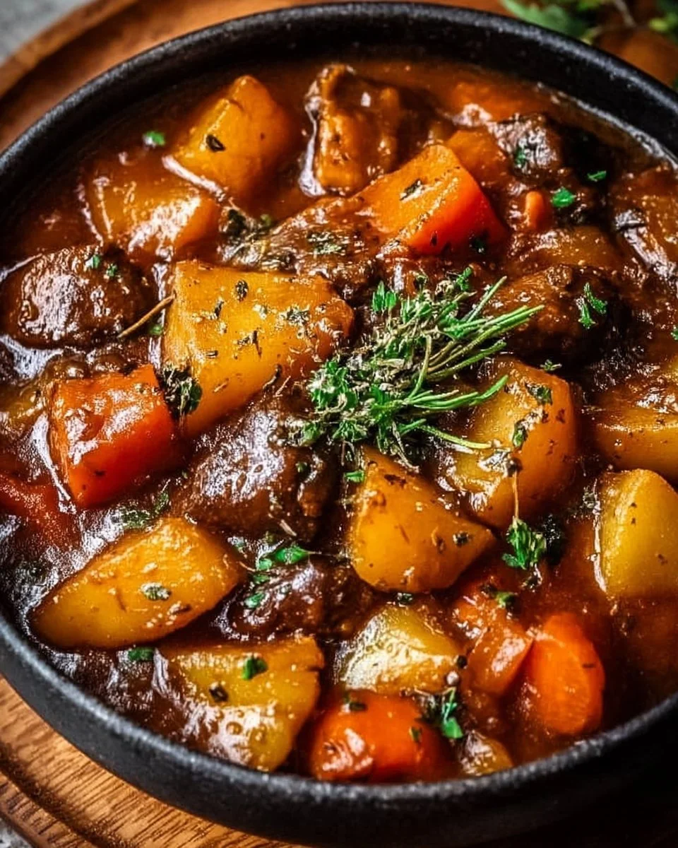 Bowl of Irish vegetarian stew with colorful vegetables and herbs