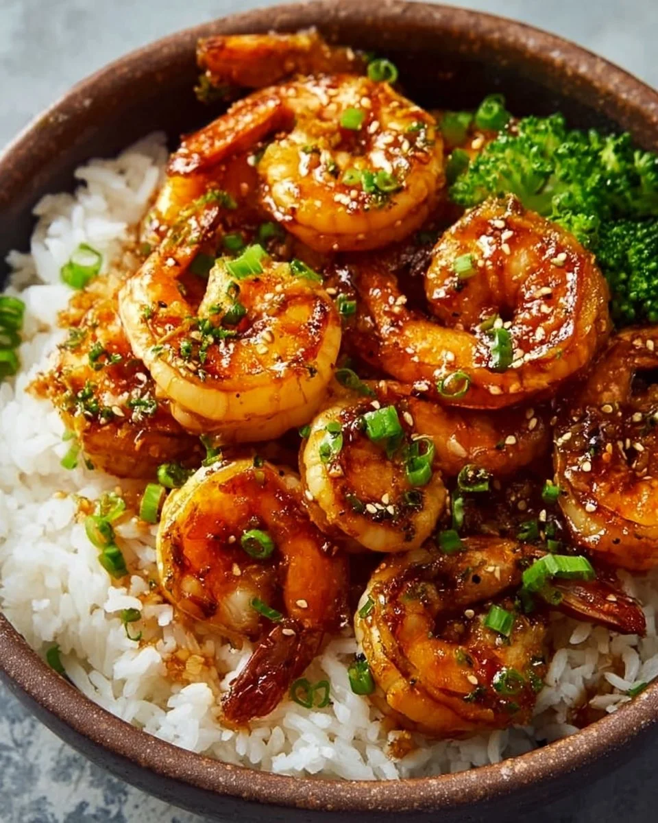 Delicious honey garlic shrimp bowl garnished with fresh vegetables and rice