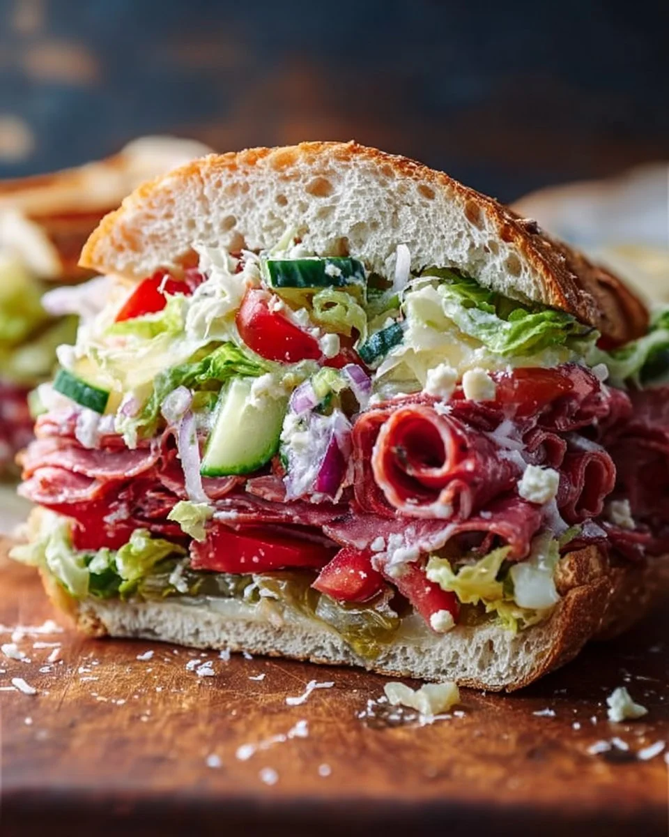 Delicious Italian Grinder Salad Sandwich with fresh vegetables and meats.