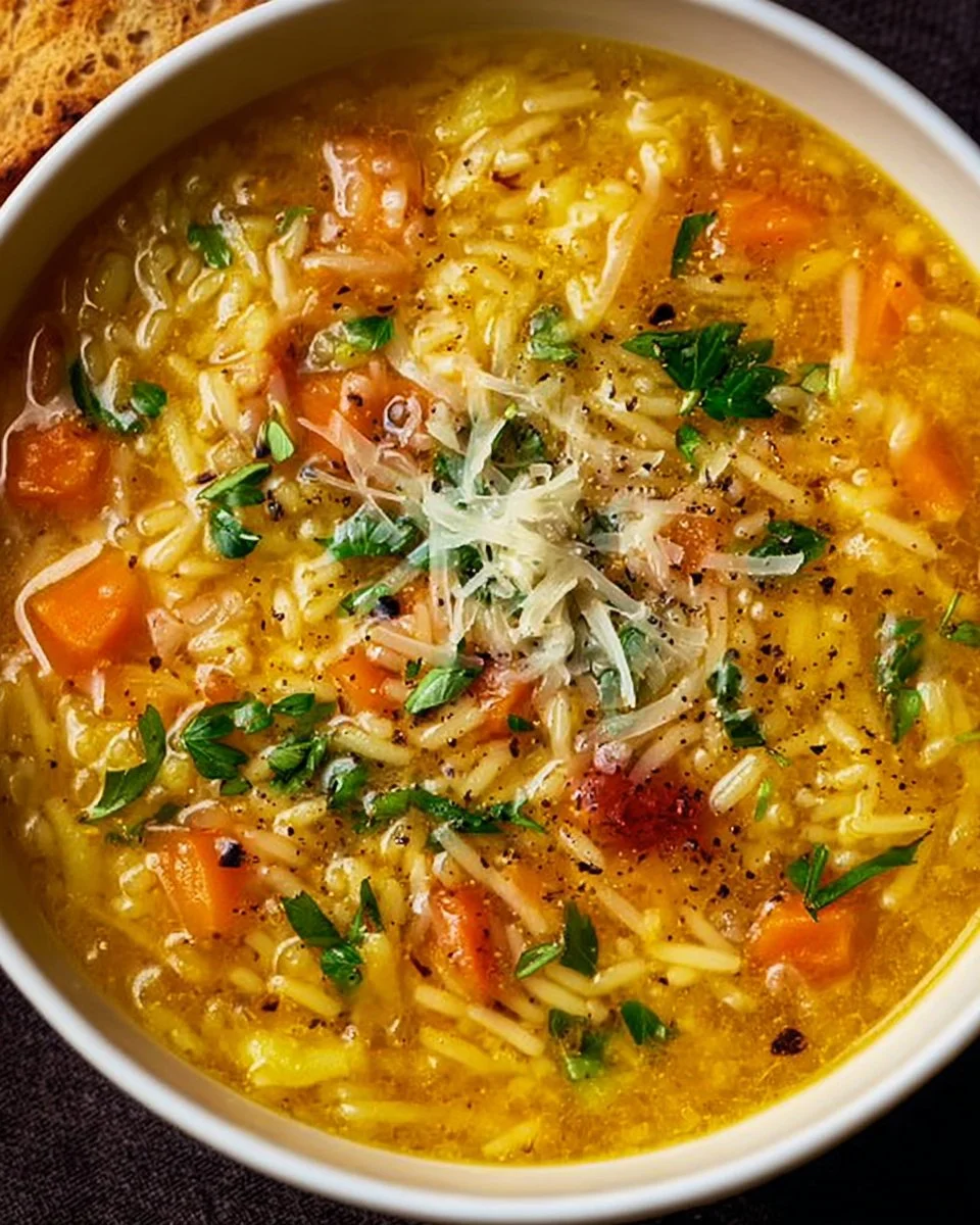 Bowl of homemade Italian Penicillin Soup with fresh herbs and vegetables