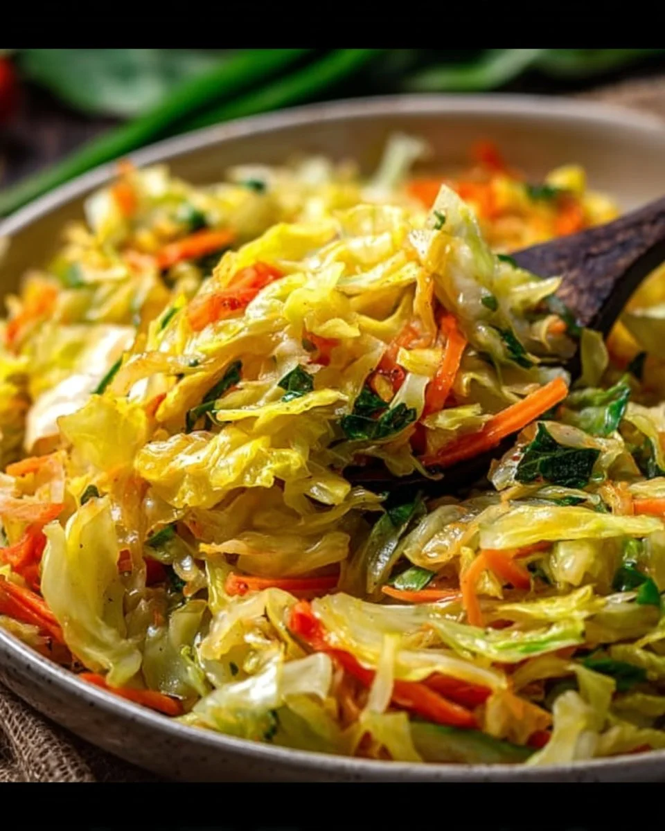 Delicious Jamaican cabbage dish served with colorful vegetables.
