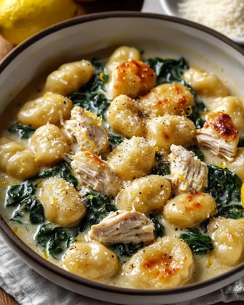 Delicious lemon chicken gnocchi served with fresh herbs and lemon slices