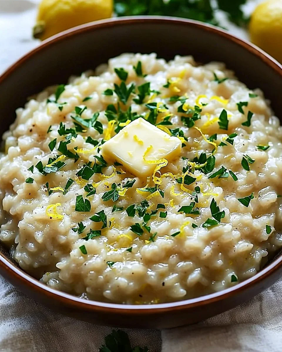 Creamy Lemon Parmesan Risotto garnished with fresh herbs and lemon zest