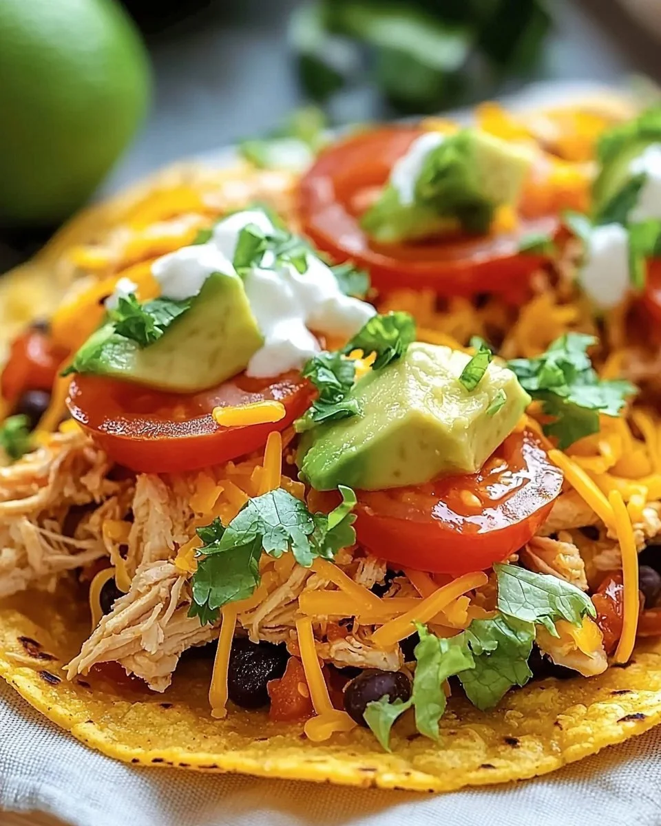 Delicious Mexican Rotisserie Chicken Tostadas topped with fresh ingredients
