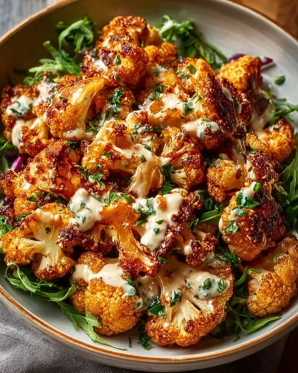 Roasted Moroccan Cauliflower drizzled with tahini-honey sauce.