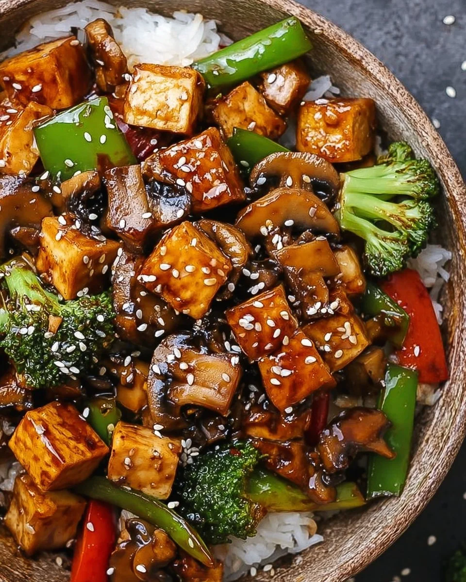 Colorful bowl of mushroom tofu stir-fry with vegetables and sauce