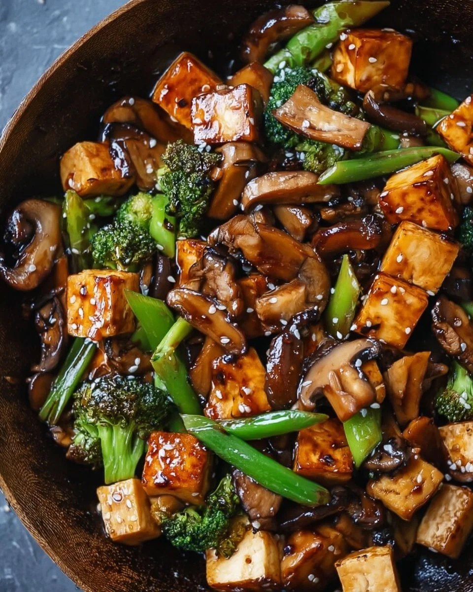 Delicious Mushroom Tofu Stir-Fry in a colorful bowl with fresh vegetables