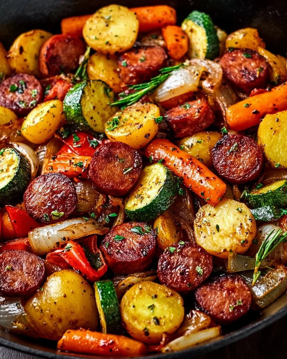 Delicious one-pan honey garlic kielbasa and veggies dish served on a plate.