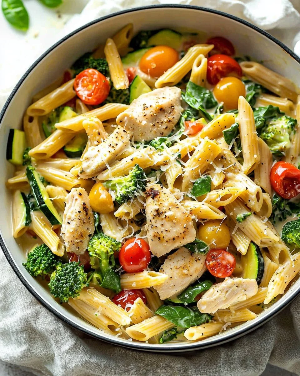 One-Pot Creamy Chicken Pasta Primavera served in a bowl with fresh vegetables