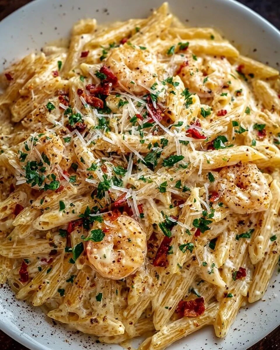 A bowl of creamy garlic pasta garnished with herbs and freshly grated cheese.